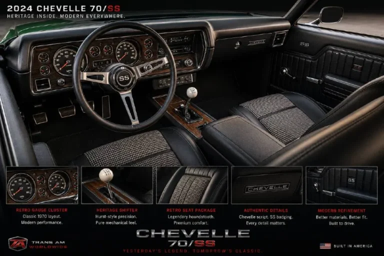 2024 Chevelle 70/SS interior showing the retro gauge cluster package with refaced instruments reminiscent of the 1970 Chevelle Super Sport dashboard the heritage shifter available with both Hurst short ratio manual and automatic transmission versions the retro seat package upholstery and the overall cabin design that captures the old-school feel of the original while incorporating modern features and materials in a hand-built specialty vehicle starting at over 150000 dollars