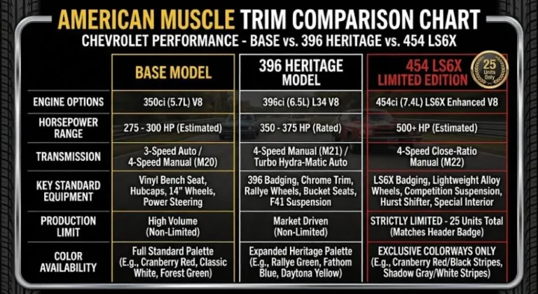 Three-column comparison chart for the 2024 Chevelle 70/SS trim levels showing Base Model with 450 to 675 horsepower LT1 V8 and 20 color options the 396 Heritage Model with 800 horsepower supercharged or 900 horsepower twin-turbo 396 cubic-inch V8 and Mantic triple-disc clutch standard on manual variants and the 454 LS6X Limited Edition restricted to only 25 units worldwide with 900 1000 or 1500 rear-wheel horsepower twin-turbo 454 cubic-inch LS6X engine drag pack 3-inch exhaust and unlimited custom color options
