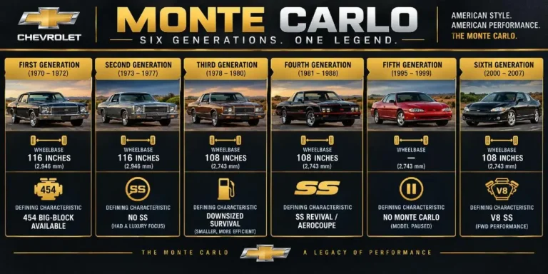 Horizontal timeline showing all six Chevrolet Monte Carlo generations from 1970 to 2007 including first generation 1970 to 1972 with 116-inch wheelbase and 454 big-block second generation 1973 to 1977 third generation 1978 to 1980 with downsized 108-inch wheelbase fourth generation 1981 to 1988 with SS revival and 200-unit Aerocoupe the 1989 to 1994 production hiatus fifth generation 1995 to 1999 with front-wheel-drive W-body platform and Z34 V6 and sixth generation 2000 to 2007 with SS V8 final year representing 32 total model years across six distinct platforms