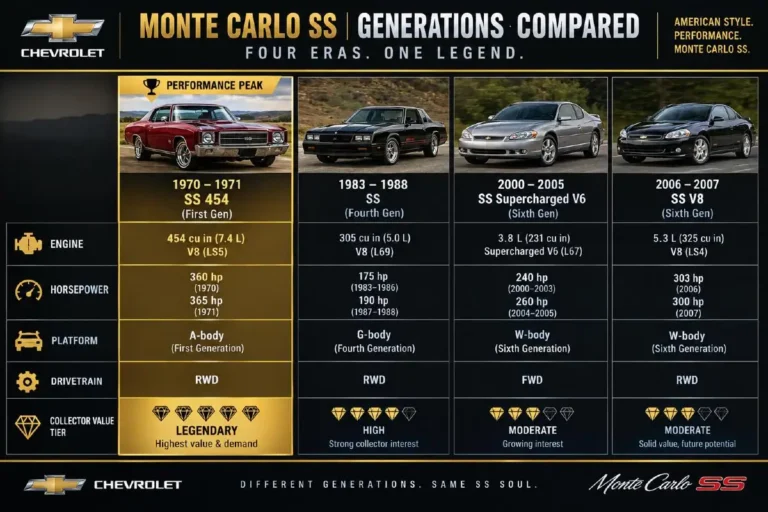 Comparison chart showing Chevrolet Monte Carlo SS specifications across all SS generations including the 1970 to 1971 first generation SS 454 with 360 horsepower and 500 lb-ft of torque the 1983 to 1988 fourth generation SS with 150 to 190 horsepower the 2000 to 2005 sixth generation SS with supercharged V6 and the 2006 to 2007 sixth generation SS V8 with 303 horsepower from the 5.3-liter V8 showing the performance peak at the beginning and the final V8 at the end with drivetrain noted as RWD for first and fourth generation and FWD for sixth generation