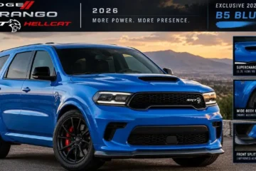 2026 Dodge Durango SRT Hellcat three-row midsize performance SUV showing the aggressive front splitter wide-body stance and 20-inch black aluminum wheels powered by a supercharged 6.2-liter HEMI V8 producing 710 horsepower and 645 lb-ft of torque reaching 60 mph in 3.5 seconds with a 180 mph top speed and 8700-pound towing capacity starting at 79995 dollars MSRP now available in all 50 states including California for the first time in 2026 with new colors including B5 Blue Triple Nickel and Green Machine
