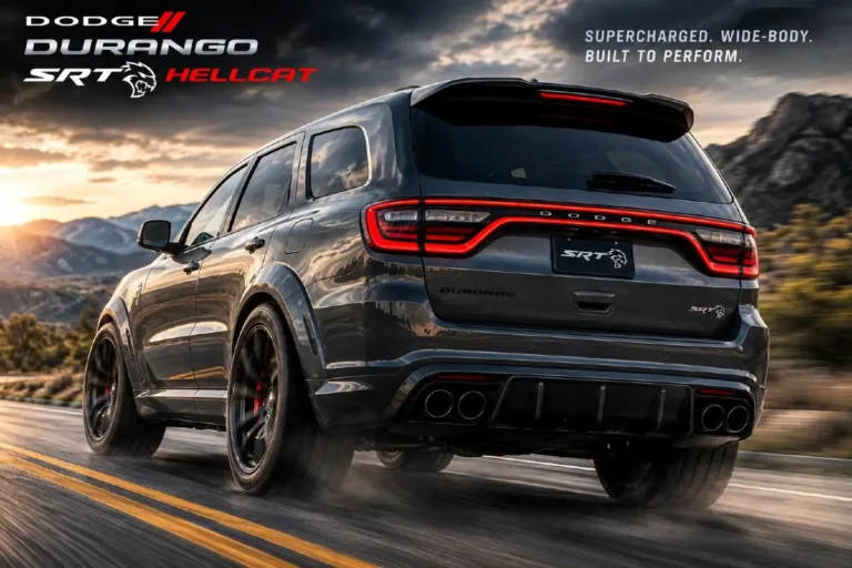 2026 Dodge Durango SRT Hellcat rear three-quarter action view showing the quad exhaust outlets rear diffuser and performance rear spoiler communicating the SUV’s 3.5-second 0-60 time and 180 mph top speed capability from its 710-horsepower supercharged 6.2-liter HEMI V8 in a three-row family vehicle weighing 5575 pounds making it the quickest three-row SUV in production and faster than most dedicated sports cars from any manufacturer at equivalent pricing
