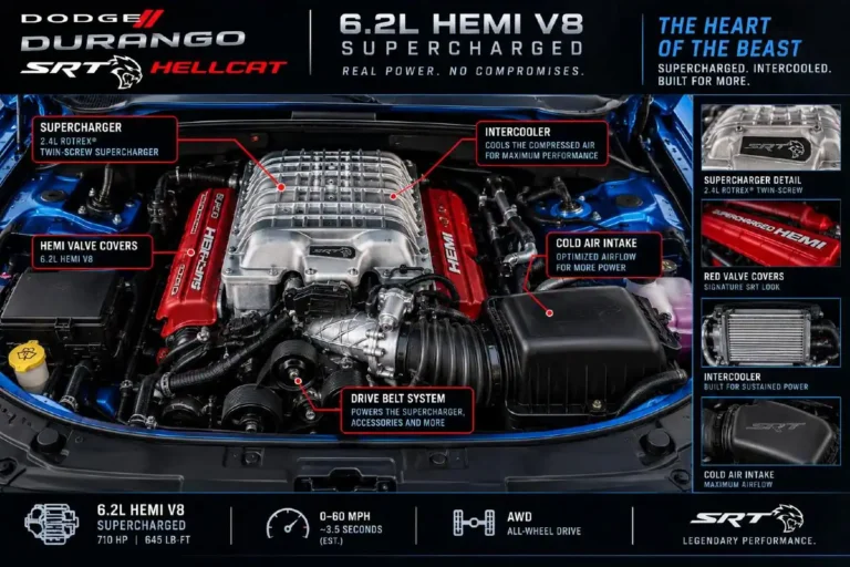 Supercharged 6.2-liter HEMI V8 engine in the Dodge Durango SRT Hellcat engine bay showing the 2.4-liter twin-screw supercharger unit mounted on top of the HEMI producing 710 horsepower at 6100 RPM and 645 lb-ft of torque at 4800 RPM mated to an 8-speed TorqueFlite automatic transmission with standard all-wheel drive representing the same engine family that powered the Dodge Challenger SRT Hellcat the Dodge Charger SRT Hellcat and the discontinued Jeep Grand Cherokee Trackhawk with the 2025 Dodge Durango SRT Hellcat described as the last new vehicle available with this supercharged HEMI before the 2026 arrived