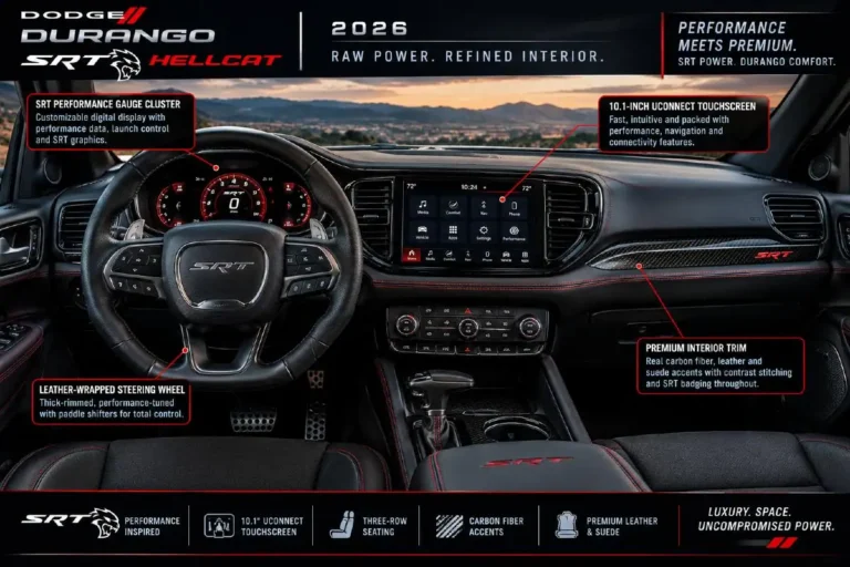 Dodge Durango SRT Hellcat interior showing the 10.1-inch Uconnect touchscreen with wireless Apple CarPlay and Android Auto the SRT performance gauge cluster displaying real-time horsepower g-force and transmission data leather upholstery with heated and ventilated front seats and the paddle-shift-equipped steering wheel all standard equipment on the 2026 model starting at 79995 dollars communicating that the 710-horsepower three-row performance SUV does not require buyers to sacrifice interior quality for performance credentials