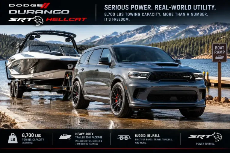 Dodge Durango SRT Hellcat towing a boat or travel trailer showing the 8700-pound maximum towing capacity when properly equipped that distinguishes the performance SUV from European competitors none of which match this towing capability powered by 645 lb-ft of torque from the supercharged 6.2-liter HEMI V8 with a curb weight of 5575 pounds and a payload capacity of 1590 pounds making the Durango SRT Hellcat the only three-row family performance SUV capable of 710 horsepower and truck-adjacent towing simultaneously