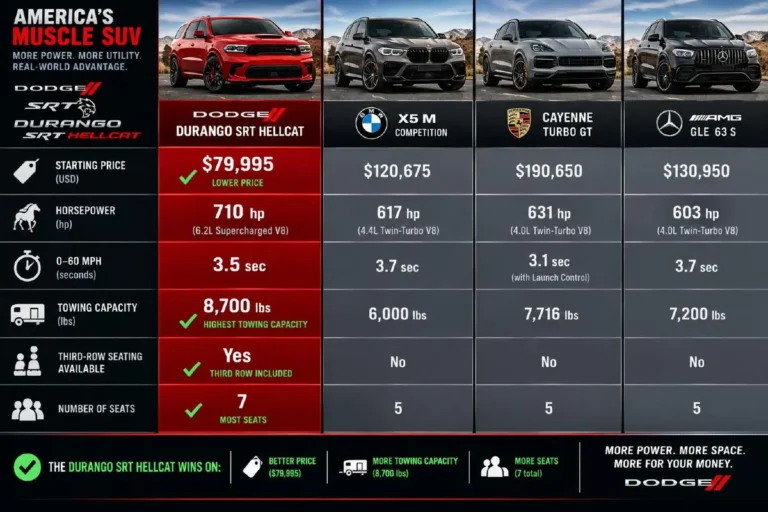 Four-column comparison chart showing 2026 Dodge Durango SRT Hellcat at 79995 dollars starting price with 710 horsepower 3.5-second 0-60 and 8700-pound towing capacity with three-row seating for seven passengers versus BMW X5 M Competition at approximately 115000 dollars versus Porsche Cayenne Turbo GT at approximately 190000 dollars versus Mercedes-AMG GLE 63 S at approximately 115000 dollars showing that none of the European alternatives offer standard third-row seating and none match the Durango’s 8700-pound towing capacity while all cost significantly more illustrating the Durango SRT Hellcat’s specific value proposition in the performance SUV segment