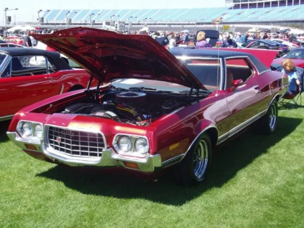 1972 ford gran torino sport with its hood open