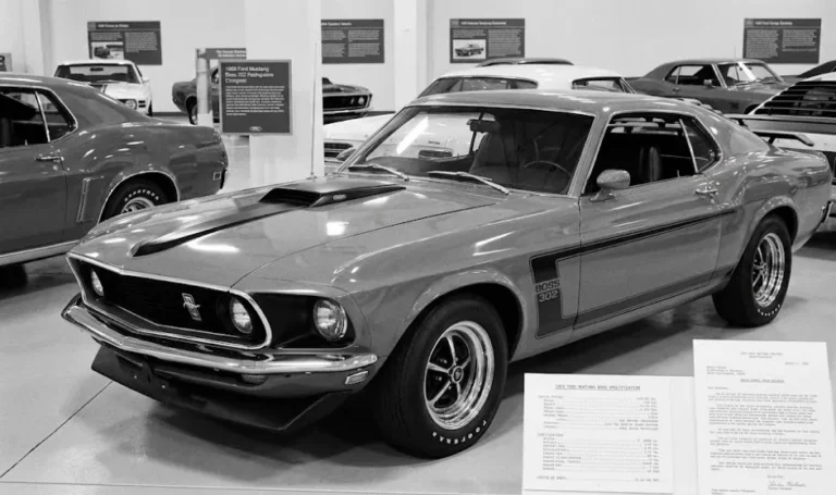 1969 Ford Mustang Boss 302 in its period correct specification showing the distinctive side stripe rear spoiler and aggressive front end treatment of the Trans-Am racing homologation car that produced approximately 360 horsepower from its cross-bolted 302 cubic inch V8 and established the driver focused Mustang philosophy that the 2026 Dark Horse continues