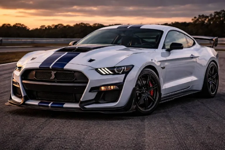 2020 Shelby GT500 in Race Red with Carbon Fiber Track Package showing the wide body treatment exposed carbon fiber roof and hood stripes of the 760 horsepower supercharged 5.2 liter Predator V8 Mustang that achieved 0 to 60 mph in 3.3 seconds and a quarter mile in 11.1 seconds at 131 mph making it the fastest production Mustang before the GTD