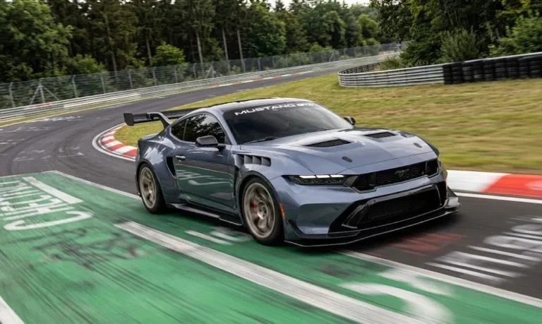 Ford Mustang GTD in action at the Nurburgring Nordschleife during the 6 minutes 52.072 second lap record run that made it the first American production car to break the seven minute barrier at the 12.9 mile circuit and the fourth fastest production sports car overall demonstrating that the 815 horsepower supercharged 5.2 liter Predator V8 Mustang can compete with the fastest production cars in the world on a road course