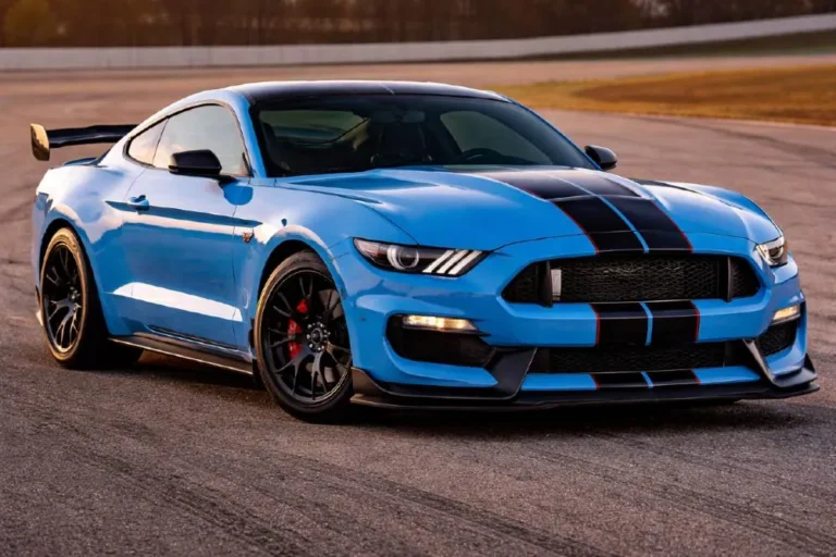 Shelby GT350R in Grabber Blue on track showing the carbon fiber wheels that reduce unsprung weight and the front aero package of the 526 horsepower 5.2 liter Voodoo flat plane crank V8 Mustang that revs to 8250 rpm the highest naturally aspirated rev limit of any American production V8 engine
