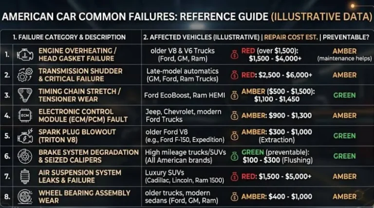Reference chart showing all major American car reliability problems in 2026 with GM AFM DFM lifter failure at 1500 to 3000 dollars affecting Silverado Sierra Tahoe Suburban Yukon Escalade Ford EcoBoost carbon buildup at 200 to 400 dollars every 40000 to 60000 miles Ford 5.4L Triton spark plug seizure at 50 to 600 per plug Ford GM 10-speed shudder at 150 to 1500 dollars Ram software recalls including ABS module and instrument cluster Pentastar oil consumption frame rust and deferred maintenance as the accelerating factor for all