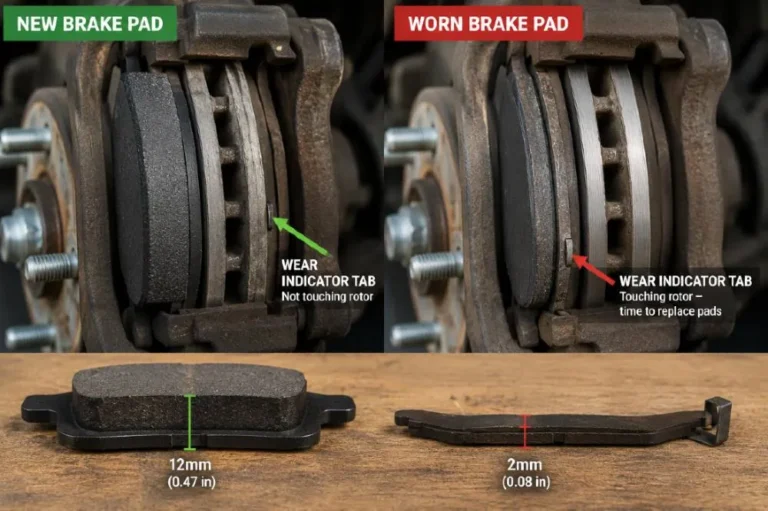 Close up photograph of a brake pad showing the friction material thickness and the metal wear indicator tab that produces a squealing sound when it contacts the brake rotor indicating the pads have worn to the replacement threshold showing the minimum 3mm pad thickness safety standard below which replacement is required to prevent the more serious metal on metal grinding that occurs when the pad material wears through completely requiring both pad replacement and rotor resurfacing or replacement