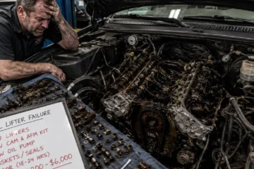 Mechanic inspecting or repairing a truck engine representing the complete guide to common issues that kill American cars in 2026 covering GM 5.3L and 6.2L V8 AFM DFM lifter failure costing 1500 to 3000 dollars Ford EcoBoost carbon buildup and cam phaser failures Ford 5.4L Triton spark plug seizure the GM and Ford shared 10-speed automatic transmission shudder Ram software failures including a 43000-truck instrument cluster recall and 1 million-plus ABS module recall and structural rust on pre-2019 GM truck frames