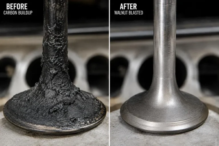 Ford EcoBoost turbocharged direct injection engine intake valve showing heavy carbon deposits built up on the valve stem and seat from direct injection that bypasses the intake ports preventing the fuel mist from washing carbon away requiring walnut blasting service at 200 to 400 dollars every 40000 to 60000 miles to restore airflow and prevent misfires rough running and reduced power on all GDI-only EcoBoost engines in F-150 Mustang Explorer Bronco Edge and other Ford applications