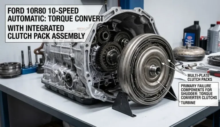 Ford and GM shared 10-speed automatic transmission showing the transmission case or internal torque converter components that are the primary source of the shudder vibration felt at 20 to 50 mph under light throttle in F-150 Silverado Sierra and Mustang GT applications with resolution through updated transmission fluid at 150 to 300 dollars or torque converter replacement at up to 1500 dollars with Ford having faced a class action lawsuit over the shudder in F-150 applications
