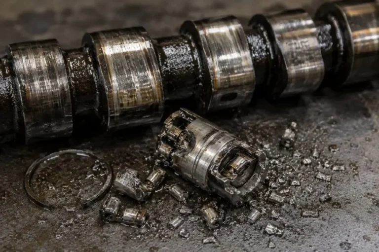 Failed GM AFM Active Fuel Management lifter or damaged camshaft lobe showing the physical result of the cylinder deactivation system failure that affects GM 5.3L and 6.2L V8 engines in Chevrolet Silverado GMC Sierra Chevrolet Tahoe Chevrolet Suburban GMC Yukon and Cadillac Escalade requiring intake manifold cylinder head and camshaft removal with repair costs of 1500 to 3000 dollars and prevention through full synthetic oil changes at 5000 to 7500 mile intervals with GM-specified dexos1 Gen2 oil 