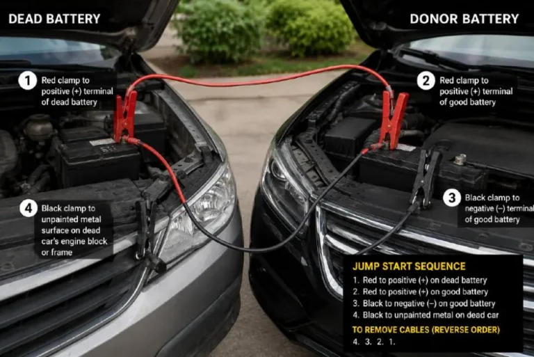 Jumper cables connected to two car batteries showing the correct connection sequence for jump starting a dead car battery with red cables connected to the positive terminals on both batteries and the black cable connected to the negative terminal of the good battery and an unpainted metal ground point on the dead car rather than the dead battery negative terminal to prevent sparks near the battery the safest method for jump starting a dead battery