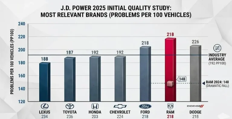 Bar chart showing J.D. Power 2025 Initial Quality Study problems per 100 vehicles data with Lexus leading at 166 problems per 100 vehicles and Ram at 218 problems per 100 vehicles near the bottom of the rankings compared to the industry average of 192 problems per 100 vehicles showing the dramatic fall from Ram's 2024 leading position of 148 problems per 100 vehicles which had placed Ram first overall ahead of Lexus Toyota and Honda