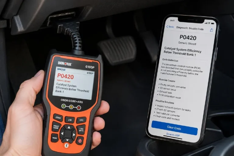 OBD-II scanner device plugged into the diagnostic port under a car dashboard reading fault codes that trigger the check engine light showing the tool available at auto parts stores including AutoZone O'Reilly and Advance Auto Parts for free code reading or purchasable for 20 to 30 dollars as a Bluetooth smartphone connected scanner that reads manufacturer diagnostic trouble codes to identify the specific system causing the check engine light before any shop visit