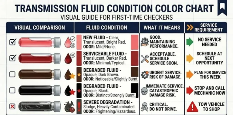Transmission fluid color comparison chart showing light red or clear new fluid indicating good condition versus darker red used but still serviceable fluid versus dark brown or black degraded fluid with a burnt smell indicating the transmission service is overdue and continuing to drive risks transmission damage costing 1500 to 3500 dollars for major repair compared to a 150 to 300 dollar fluid replacement service that prevents the expensive repair