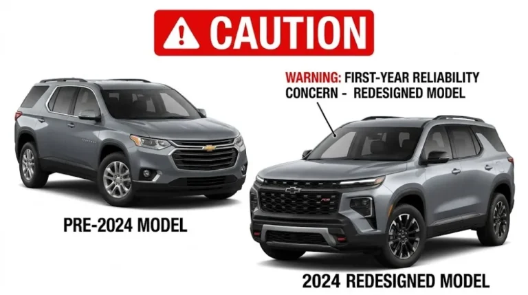 2024 redesigned Chevrolet Traverse or Buick Enclave showing the freshly redesigned exterior that earned a below-average Consumer Reports reliability designation in its first year of production consistent with the pattern that affects every major American SUV redesign where the Buick Enclave and Chevrolet Traverse midsized SUVs redesigned for 2024 are below-average per Consumer Reports despite both vehicles earning above-average reliability designations in their previous generations recommending buyers purchase 2023 or earlier examples for maximum reliability confidence