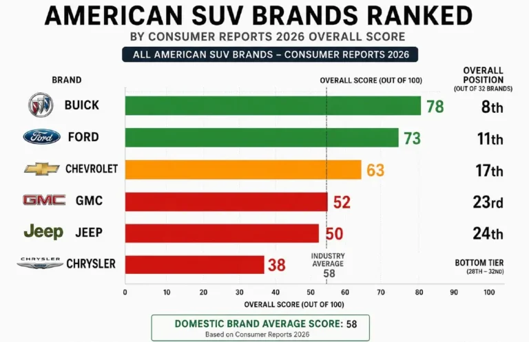 Horizontal bar chart showing Consumer Reports 2026 overall reliability rankings for American SUV brands with Buick ranked 8th overall as the most reliable domestic SUV brand Ford ranked 11th its best position in 15 years Chevrolet ranked 17th GMC ranked 23rd and Jeep ranked 24th out of 28 total brands representing the complete American SUV brand reliability hierarchy with green for above-average brands amber for near-average and red for below-average brands