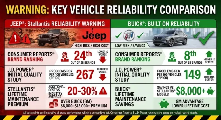 Comparison chart showing Jeep's 2026 reliability data with 24th place out of 28 brands in Consumer Reports and 267 problems per 100 vehicles in J.D. Power Vehicle Dependability Study and the 20 to 30 percent Stellantis lifetime maintenance premium compared against Buick's 8th place Consumer Reports ranking and 160 problems per 100 vehicles in J.D. Power representing the largest reliability gap between any two American SUV brands and the specific financial consequence of choosing Jeep over Buick or Chevrolet for buyers who prioritize long-term dependability