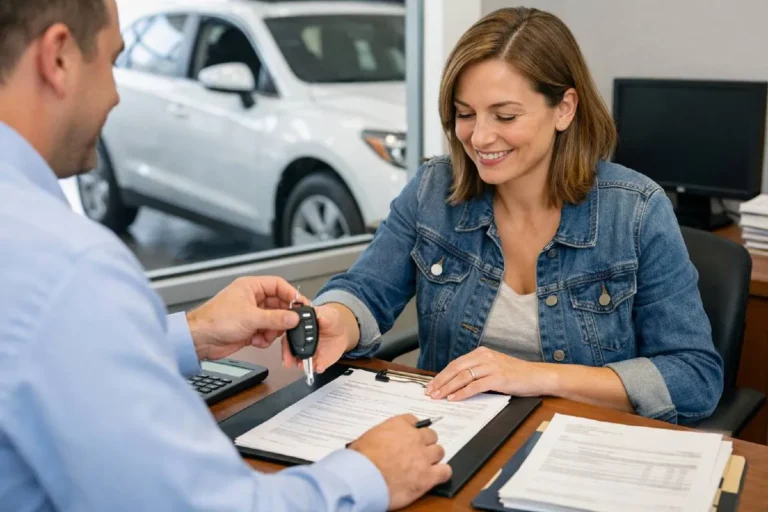 can you sell car with loan complete guide hero signing paperwork Person signing car sale paperwork at a dealership desk representing the process of selling a financed car with an outstanding auto loan in 2026 which requires paying off the lender and releasing the lien before the title can be transferred to the new owner a process completed by 45 percent of private car sellers who still owe money on their vehicle at the time of sale