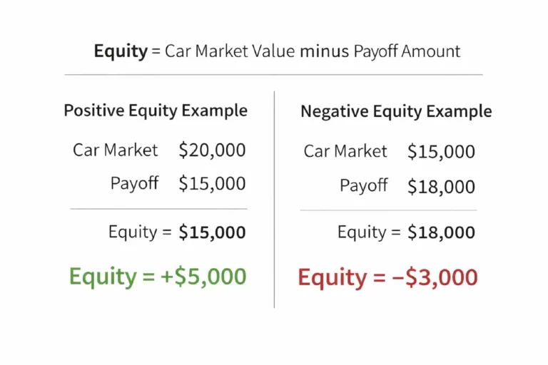 car loan equity calculation positive negative how to calculate Two column comparison graphic showing car loan equity calculation with positive equity example where car value of 20000 dollars minus payoff amount of 15000 dollars equals 5000 dollars positive equity shown in green and negative equity example where car value of 15000 dollars minus payoff amount of 18000 dollars equals 3000 dollars negative equity shown in red with the formula equity equals car market value minus payoff amount