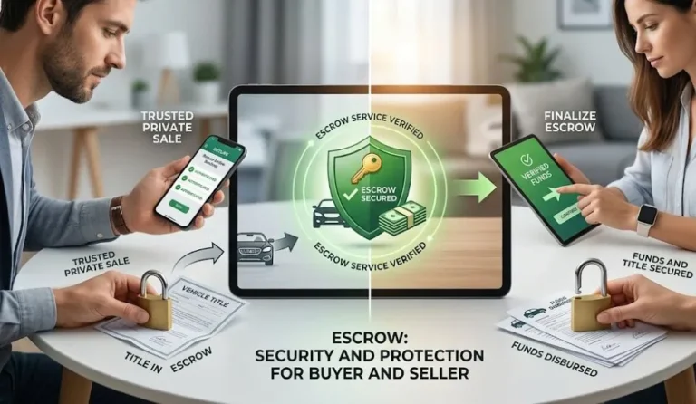 escrow service financed car sale private buyer 1 5 percent fee Secure online financial transaction concept representing an escrow service for selling a financed car to a private buyer where a third party escrow service manages the loan payoff and title transfer process for a fee of typically 1.5 to 2 percent of the vehicle sale price or approximately 150 dollars on a 10000 dollar transaction providing security for both buyer and seller