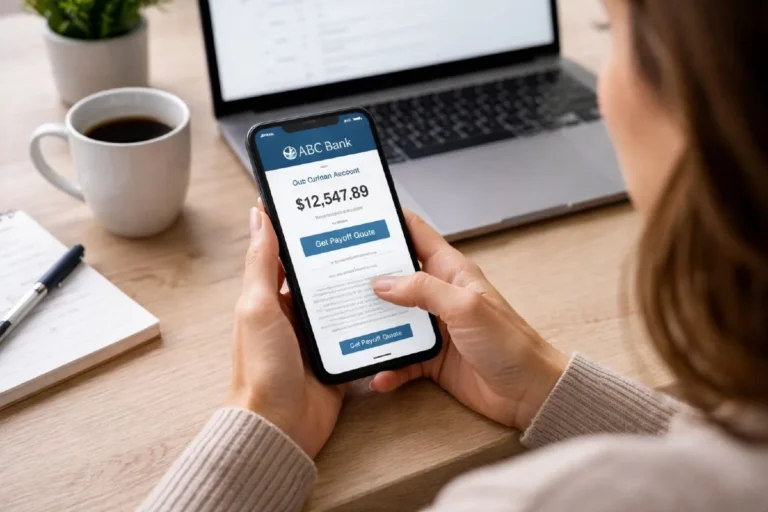get car loan payoff amount lender portal step one financed car Person using smartphone to access auto loan lender online portal to retrieve the 10 day payoff amount which is the total needed to pay off the loan in full including remaining principal accrued interest and any applicable fees the essential first step before selling a financed car to a private buyer or dealership