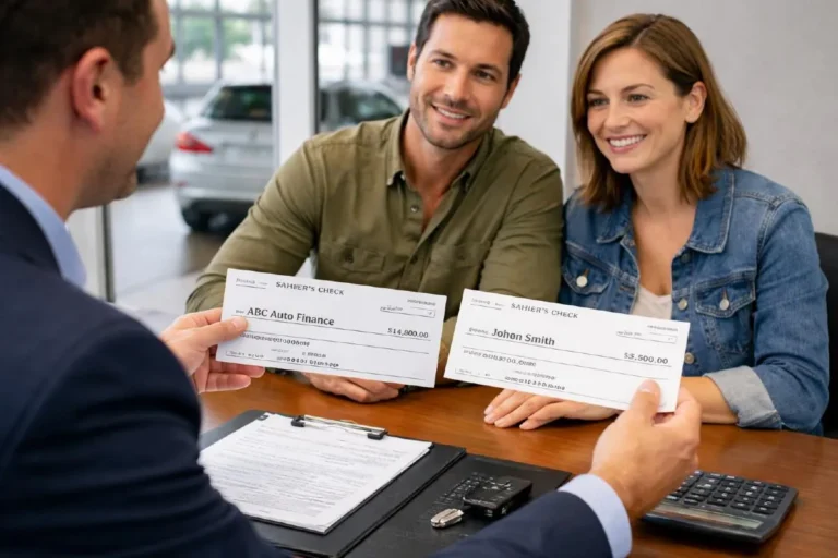 private car sale two check method lender branch financed vehicle Two checks representing the two payment method for selling a financed car to a private buyer where the buyer writes one check to the lender for the exact payoff amount and a second check to the seller for the equity difference allowing the lender to immediately release the lien and transfer the title to the buyer in a single transaction at the lenders branch office