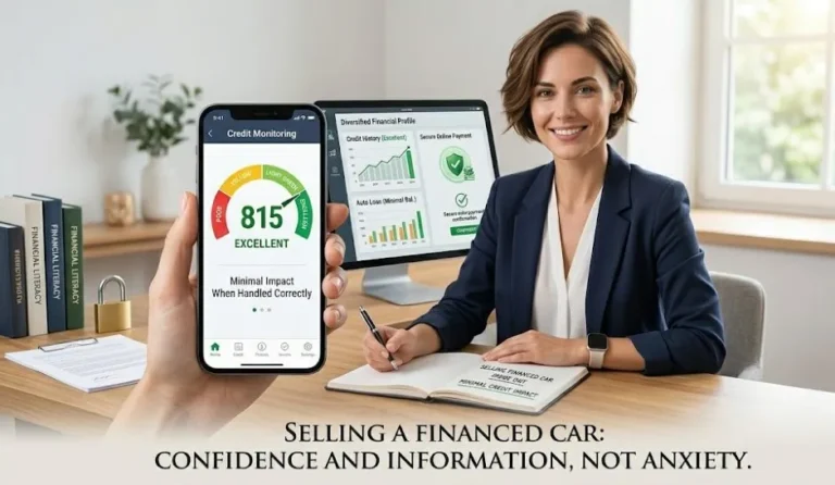 selling financed car credit impact fico score loan payoff Person reviewing credit score on smartphone representing the credit impact of selling a financed car with an outstanding auto loan in 2026 which is generally minimal when the loan is paid in full with the closed account remaining on the credit report for up to 10 years as a positive closed account and a small temporary score dip possible from reduced credit mix if no new auto loan is taken out