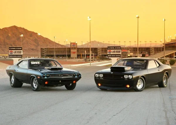 Classic and modern Dodge muscle cars parked together — generations of American powe Classic and modern Dodge muscle cars parked together — generations of American powe