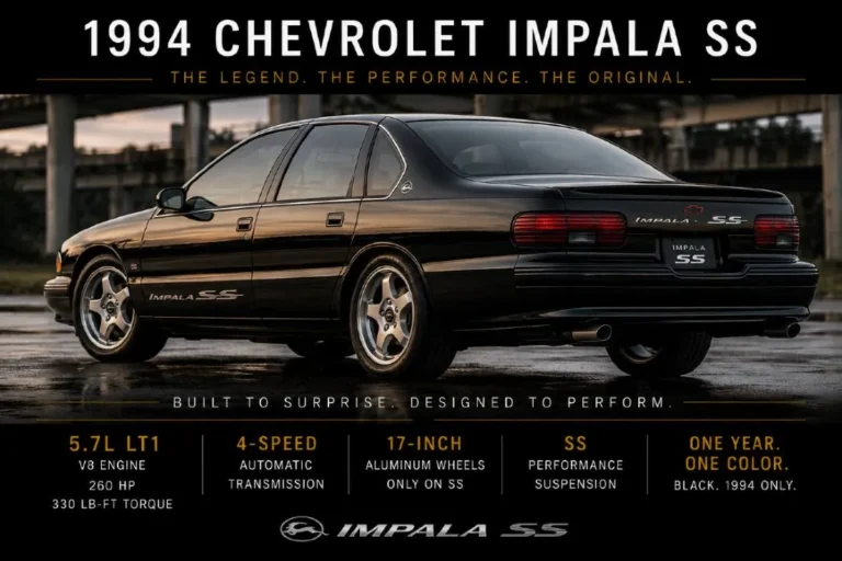 1994 to 1996 Chevrolet Impala SS in black showing the 17-inch wheels lowered suspension LT1 5.7-liter V8 260 horsepower Caprice-based platform that Car and Driver and Motor Trend praised as the best American performance car value of the mid-1990s built on the fifth-generation Chevrolet Caprice B-body platform worth 30000 to 55000 dollars in the 2026 collector market and representing the final expression of the rear-wheel-drive American full-size sedan performance tradition