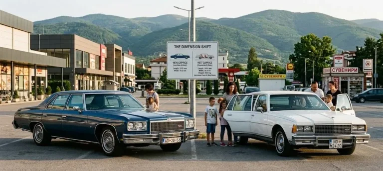 Comparison showing the 1976 Chevrolet Caprice full-size body alongside the 1977 downsized Caprice demonstrating the dramatic reduction in exterior dimensions achieved while maintaining comparable interior passenger space through improved packaging representing one of the most celebrated single-year redesigns in American automotive history where getting smaller improved the vehicle in every measurable dimension including performance fuel economy handling and interior quality