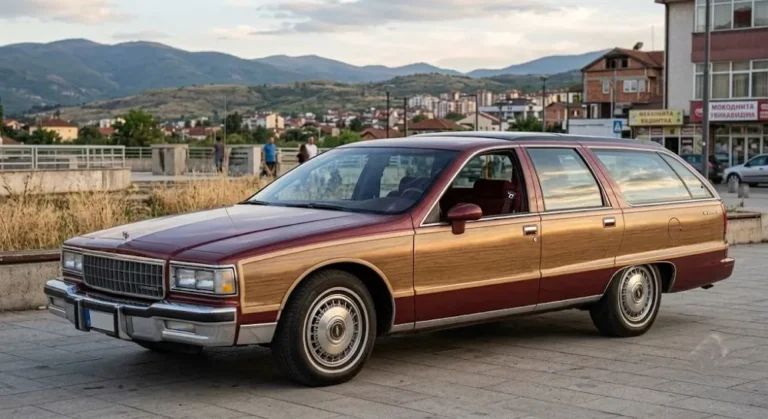 Chevrolet Caprice Classic Estate station wagon showing the full-length body the optional wood-grain appearance body side panels the extended cargo area and the rear-facing third seat that made the Caprice wagon the definitive American family vehicle of the late 1970s through 1996 when it became the last domestically produced full-size American station wagon after Ford discontinued the Country Squire in 1991 with clean examples worth 20000 to 35000 dollars in collector market