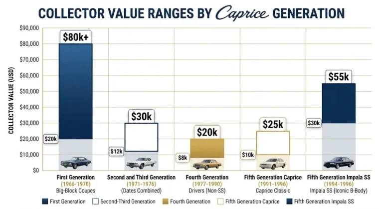 Bar chart showing collector market values for all Chevrolet Caprice generations with first generation 1966 to 1970 ranging from 20000 to 80000 dollars depending on engine and condition second and third generation 1971 to 1976 at 12000 to 30000 dollars fourth generation 1977 to 1990 driver examples at 8000 to 20000 dollars fifth generation Caprice 1991 to 1996 at 10000 to 25000 dollars and 1994 to 1996 Impala SS at 30000 to 55000 dollars based on Hagerty valuation data Classic.com and Bring a Trailer transaction records