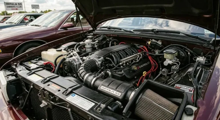 LT1 5.7-liter V8 engine in the engine bay of a 1994 to 1996 Chevrolet Caprice or Impala SS producing 260 horsepower the same basic engine architecture used in the contemporary Corvette in a slightly lower state of tune representing the best powertrain in the entire Chevrolet Caprice production history enabling 0-60 mph in approximately 7.0 to 7.5 seconds in the Impala SS configuration praised by Car and Driver and Motor Trend as the best American performance car value of the mid-1990s