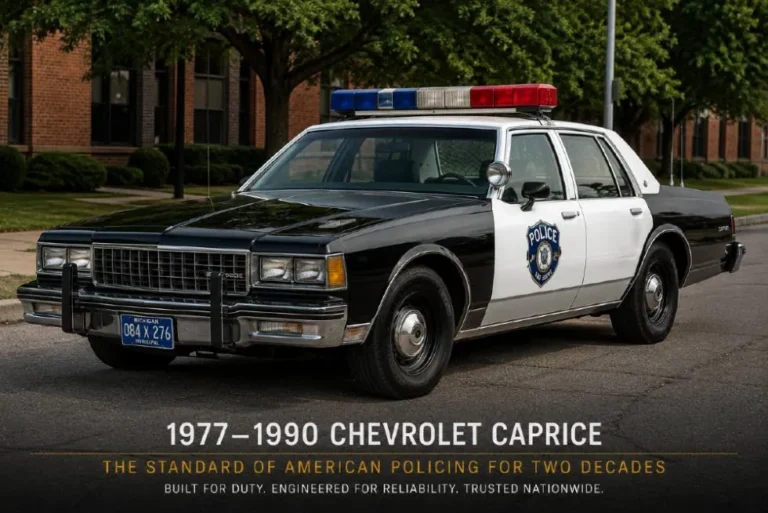 Fourth-generation Chevrolet Caprice police interceptor patrol vehicle from 1977 to 1990 showing the black and white or all-white law enforcement configuration with period-correct light bar and communications antenna that defined the American police patrol vehicle identity for two decades with the B-body platform providing heavy-duty cooling pursuit calibration and durability for fleet use across every major American city police department and state highway patrol agency