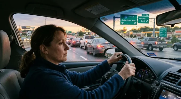 American driver on a highway or suburban road representing the non-discretionary daily commute that cannot be reduced regardless of gasoline prices illustrating the core limitation of gas price behavioral change research which finds that most Americans change discretionary driving habits when prices exceed 4 dollars per gallon while commutes remain essentially unchanged because public transit alternatives do not exist for most of the US population particularly in suburban and rural areas