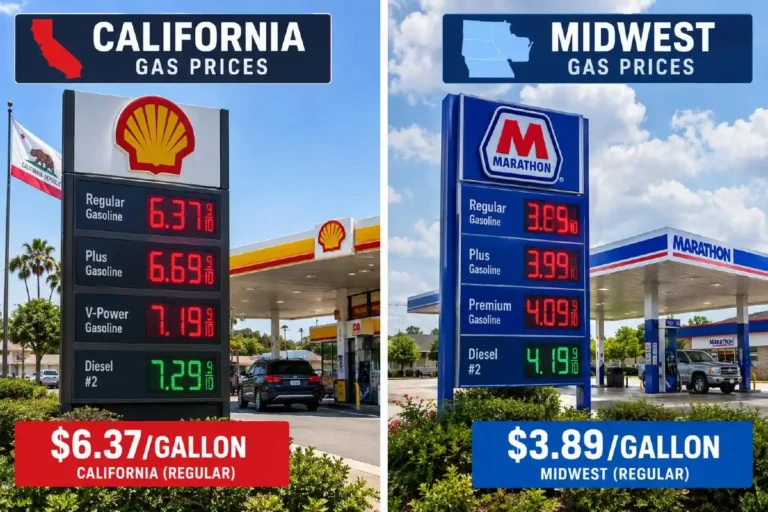 Side by side comparison of gas station price signs showing California average gasoline price of approximately 6.37 dollars per gallon versus Indiana average of approximately 3.88 dollars per gallon as of September 2026 according to AAA state average data illustrating the 2.49 dollar per gallon geographic spread that makes the behavioral response to high gas prices dramatically different across US states with California recording the highest average state gas price and Indiana the lowest in late September 2026
