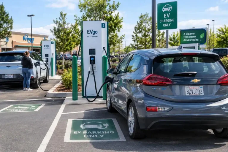 Electric vehicles and plug-in hybrid cars charging at a public or residential charging station in 2026 illustrating the practical infrastructure context for EV adoption as Americans consider alternatives to 4.48 dollar per gallon gasoline with AAA identifying 4 dollars per gallon as the threshold at which a majority of Americans say they will change driving habits and BloombergNEF calculating that above 4 dollars EV total cost of ownership becomes lower than gasoline vehicles though the removal of the federal EV tax credit in late 2025 has created affordability barriers for middle-income buyers most motivated by high gas prices
