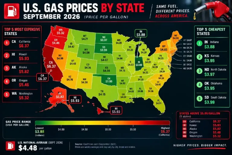 Color-coded United States map showing average regular gasoline prices by state in September 2026 sourced from AAA state average data with California showing the highest price at 6.37 dollars per gallon Washington at 5.51 and Hawaii at 5.39 among five states above 5 dollars per gallon while Indiana shows the lowest at 3.88 followed by Texas at 3.67 and Oklahoma at 3.71 illustrating the 2.49 dollar per gallon spread between the most and least expensive states and why the behavioral response to high gas prices differs dramatically by geography