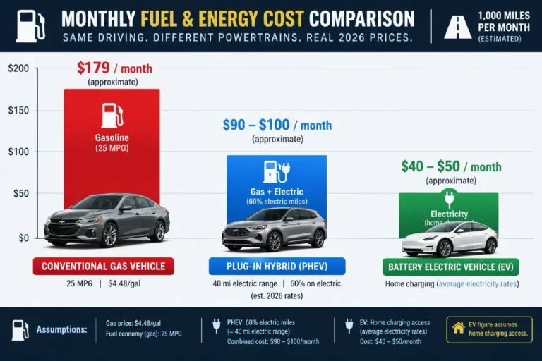 Three-bar comparison chart showing estimated monthly fuel and energy costs at 2026 prices for conventional gasoline vehicle at 4.48 dollars per gallon approximately 179 dollars per month at 1000 miles and 25 MPG versus plug-in hybrid vehicle with 40-mile electric range approximately 90 to 100 dollars per month combined fuel and electricity versus home-charged electric vehicle approximately 40 to 50 dollars per month illustrating why plug-in hybrids are capturing the practical consumer response to high gas prices in 2026 by eliminating most daily commute fuel costs without requiring full EV infrastructure commitment